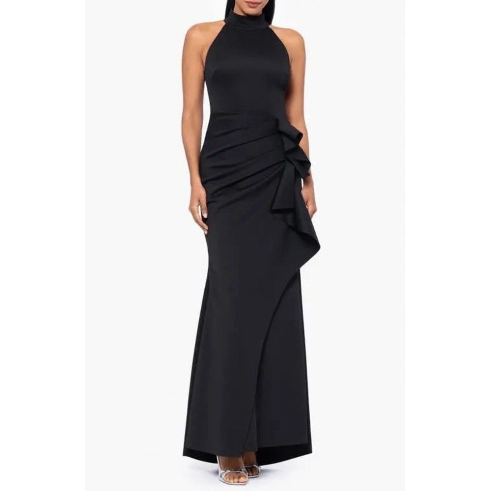 XSCAPE Mock Neck Gown Dress Size 14 Black Mermaid Cascade Ruffle Sleeveless NWT
